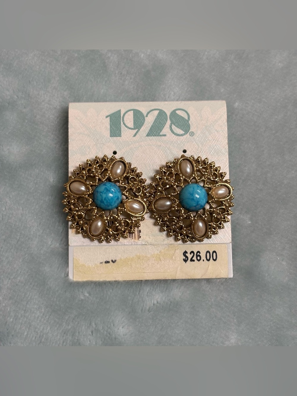 1928 Vintage 90s Chunky Gold Tone Turquoise Cabochon Post Pierced Earrings